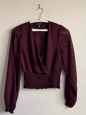 Burgundy Plunge Blouse XS Sheer Sleeve Top